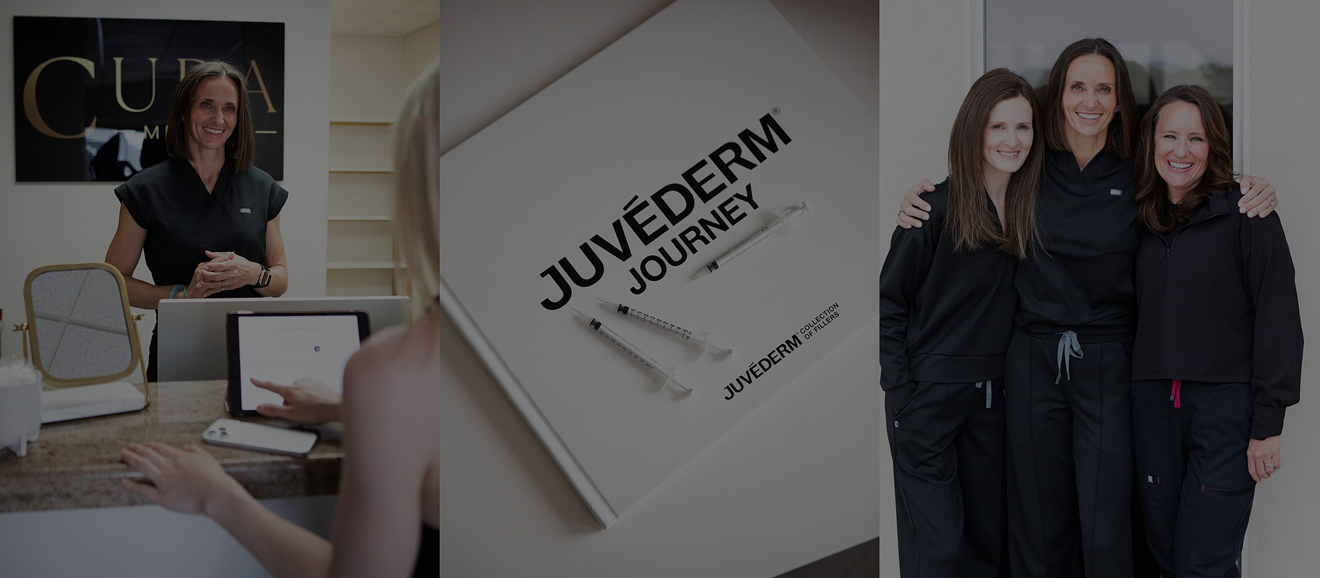 Aesthetic clinic showcasing Juvéderm treatments and staff.